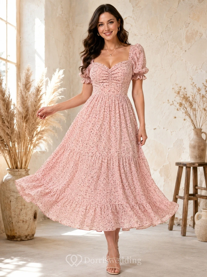 Boho-Gästekleid in Teelänge mit Blumenmuster und Puffärmeln in Perlmuttrosa