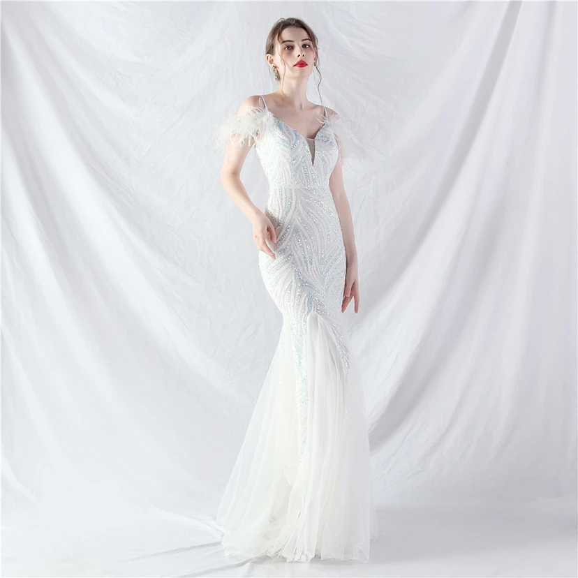 Crafted Ostrich Feather Stacked Sequins Splicing Mesh Gauze High-End Evening Dress Clothes view 64