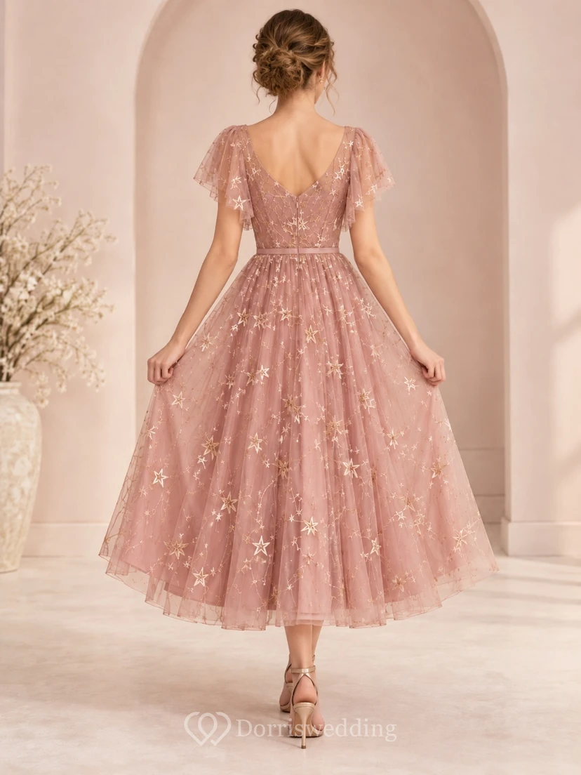 Dusty Rose V-neck Star Embroidered Flutter Sleeve Party Dress view 2
