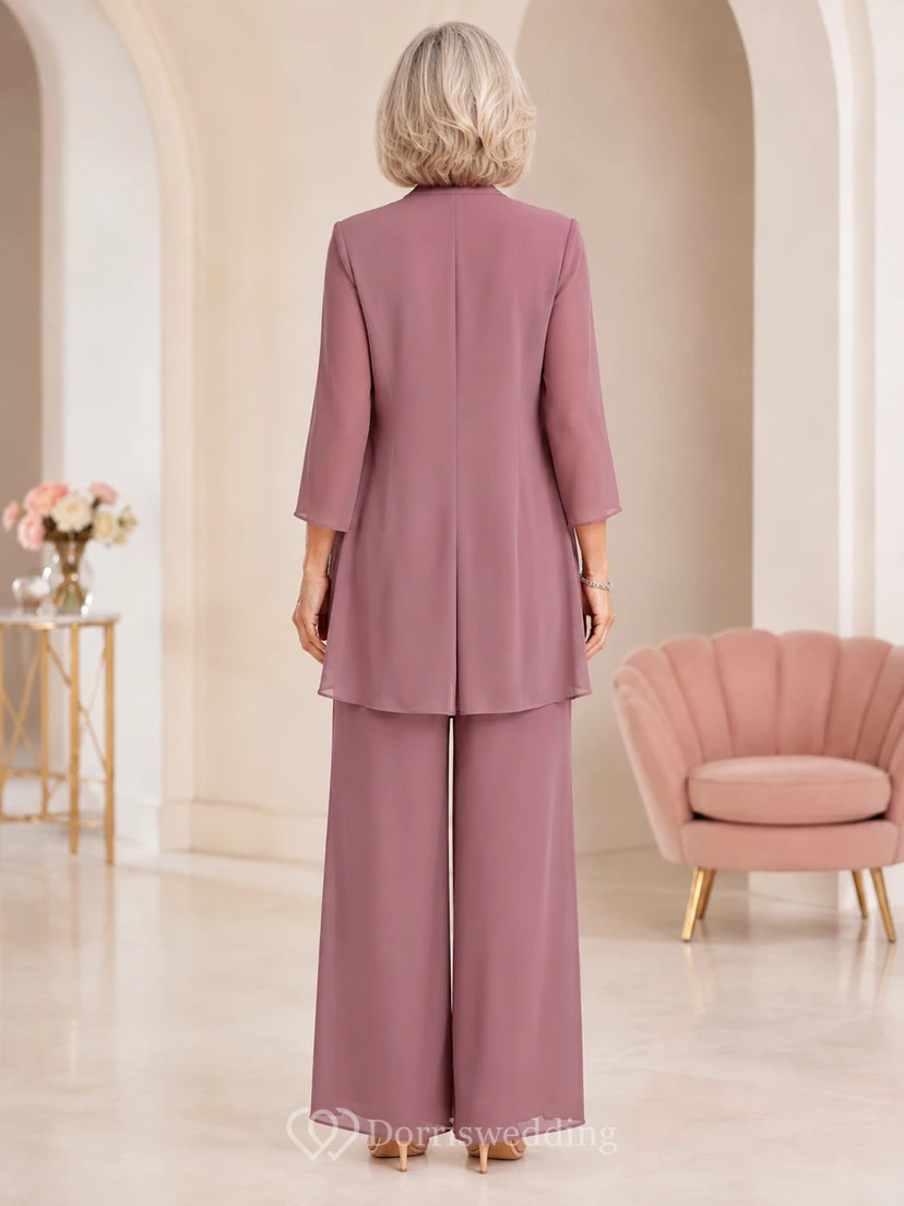 Mother Dusty Rose Chiffon Jumpsuit with Jewel Neck Pleated Bodice and Flowing Jacket view 2