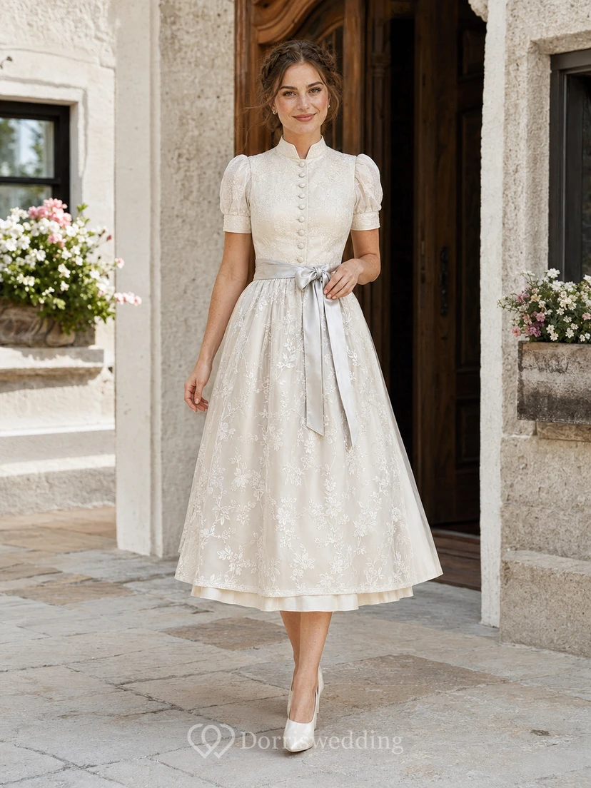 Modern High Neck Puff Sleeve Lace Skirt Sash Tea Bridal Wedding Dirndl