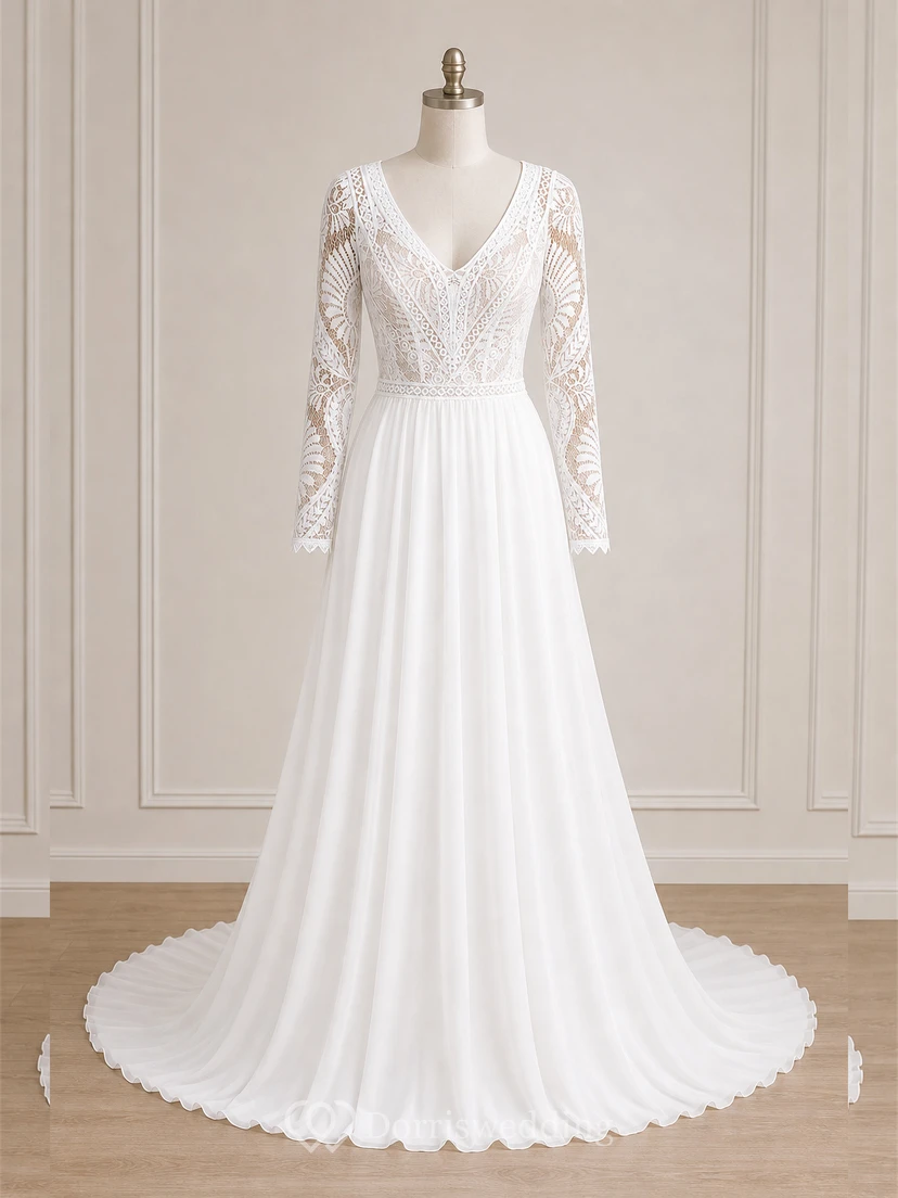 Courtry V-neck Long Sleeve Chiffon Simple Boho Wedding Dress with Lace Top view 7