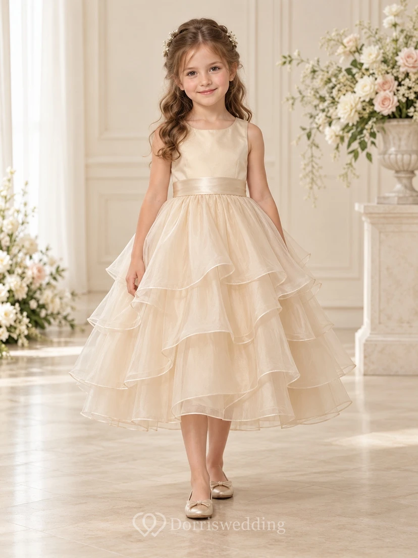 Tea-length Ivory A-line Organza Sleeveless Sashed Layered Round-Neck Flower Girl Dress
