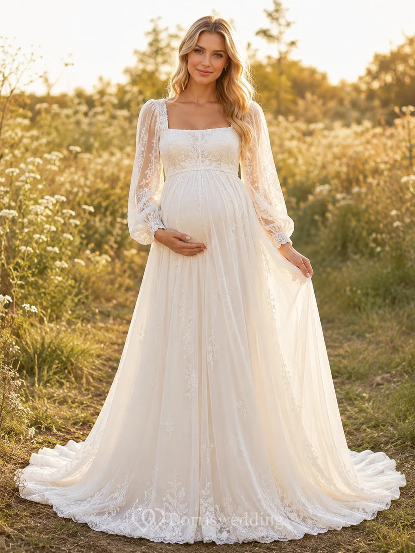 Maternity Wedding Dress Square Neck Long Lace Sleeve A-Line Gown with Soft Train