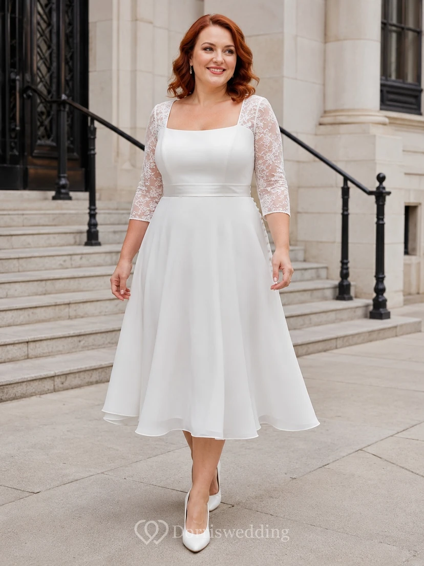 Plus-Size Courthouse Hochzeitskleid aus Chiffon, A-Linie, eckigem Ausschnitt, Dreiviertelärmeln und Teelänge