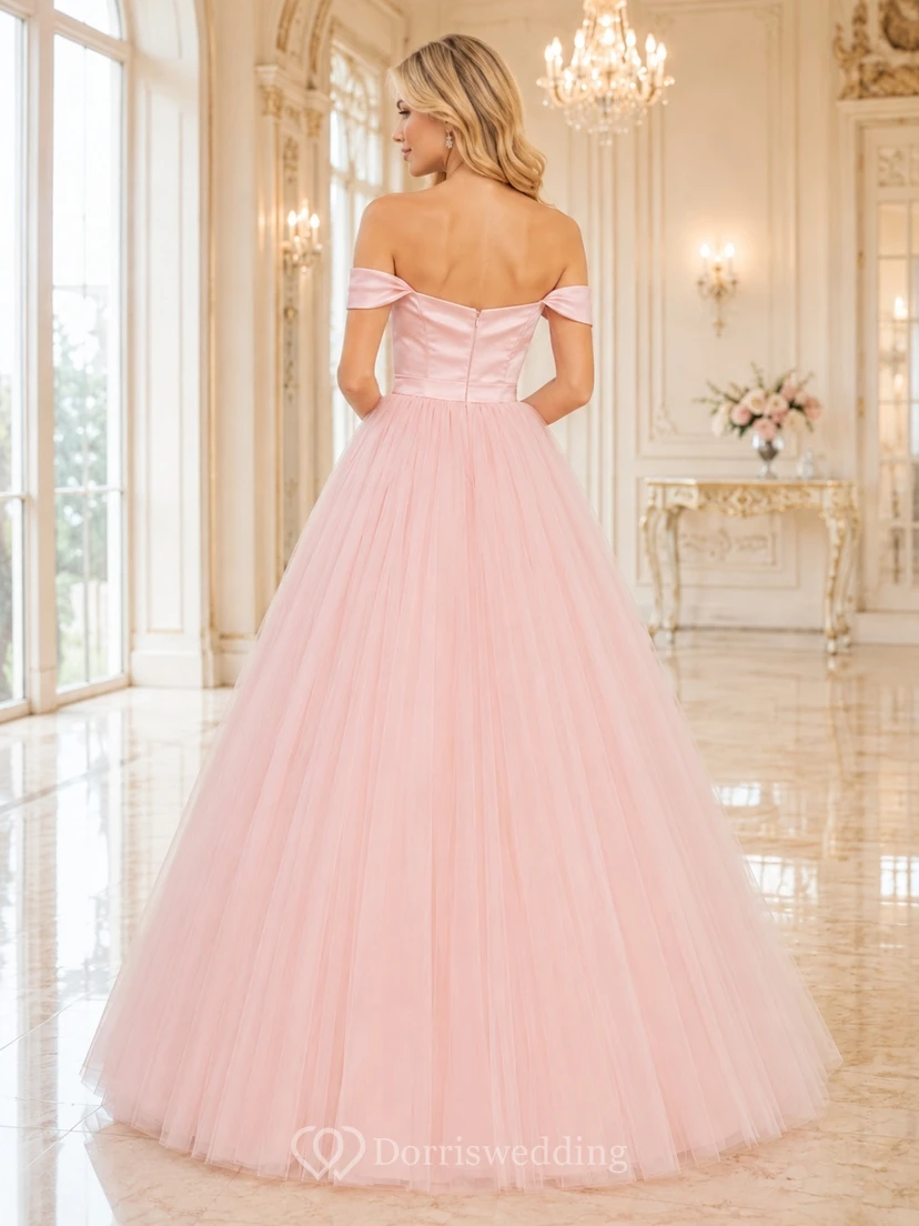 Blush Tulle Off-the-shoulder Pleated Cotillion Ball Gown Elegant Formal Dress view 2