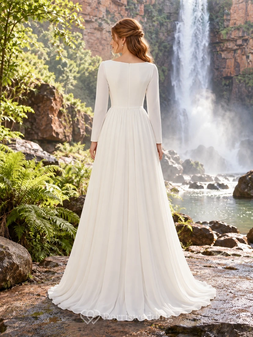 Simple Bateau Long Sleeve Plain A-Line Sweep Train Wedding Dress view 2