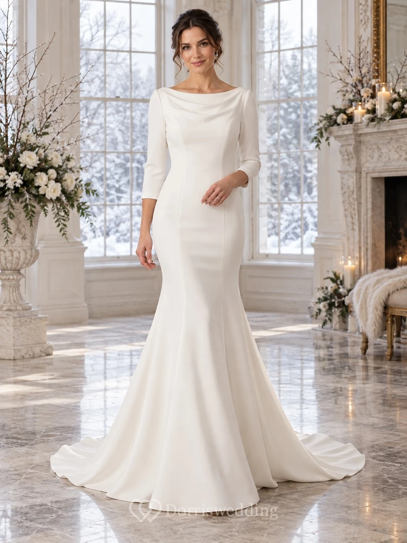 Vestido de novia de crepé con escote barco, mangas tres cuartos y cola de sirena.