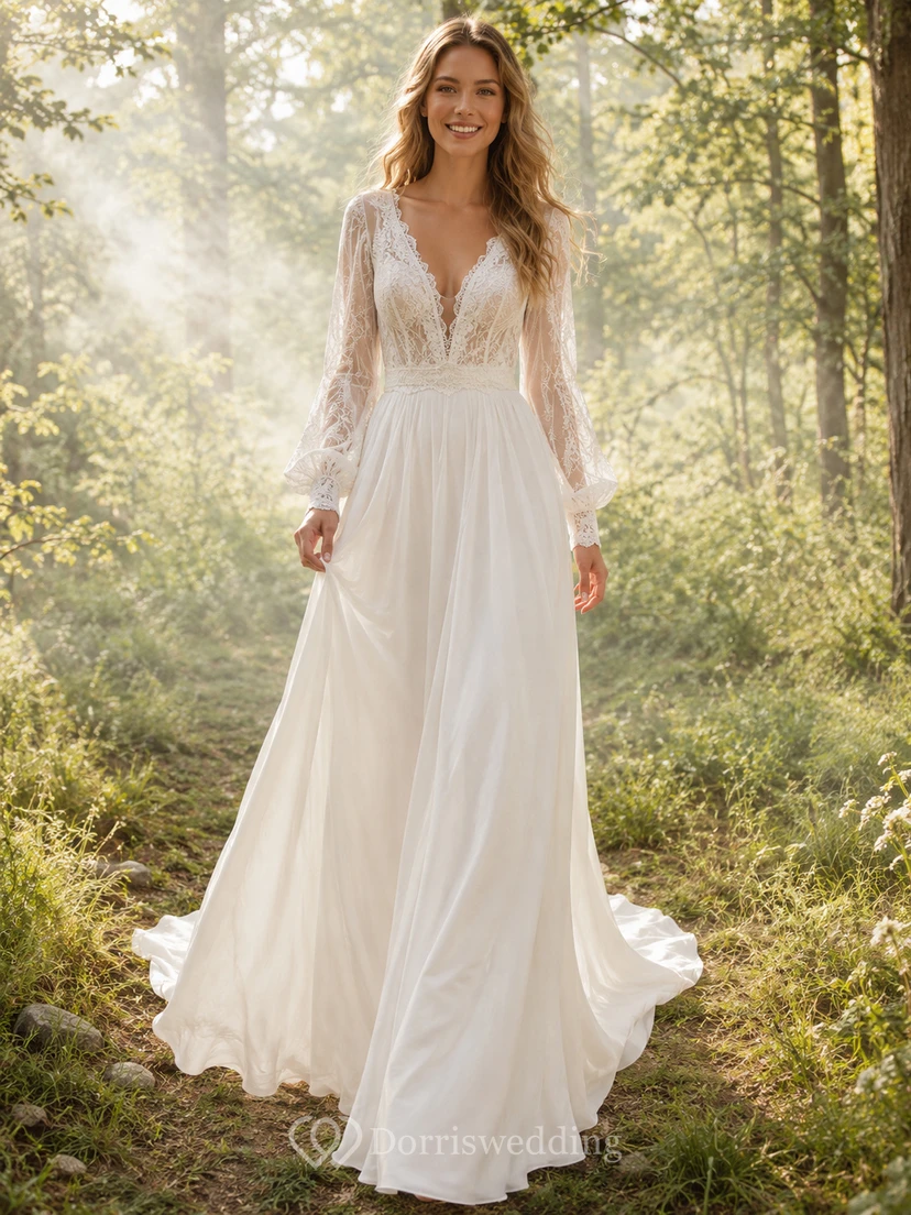 Boho-Brautkleid mit langen Ärmeln aus Spitze und Chiffon im Waldstil
