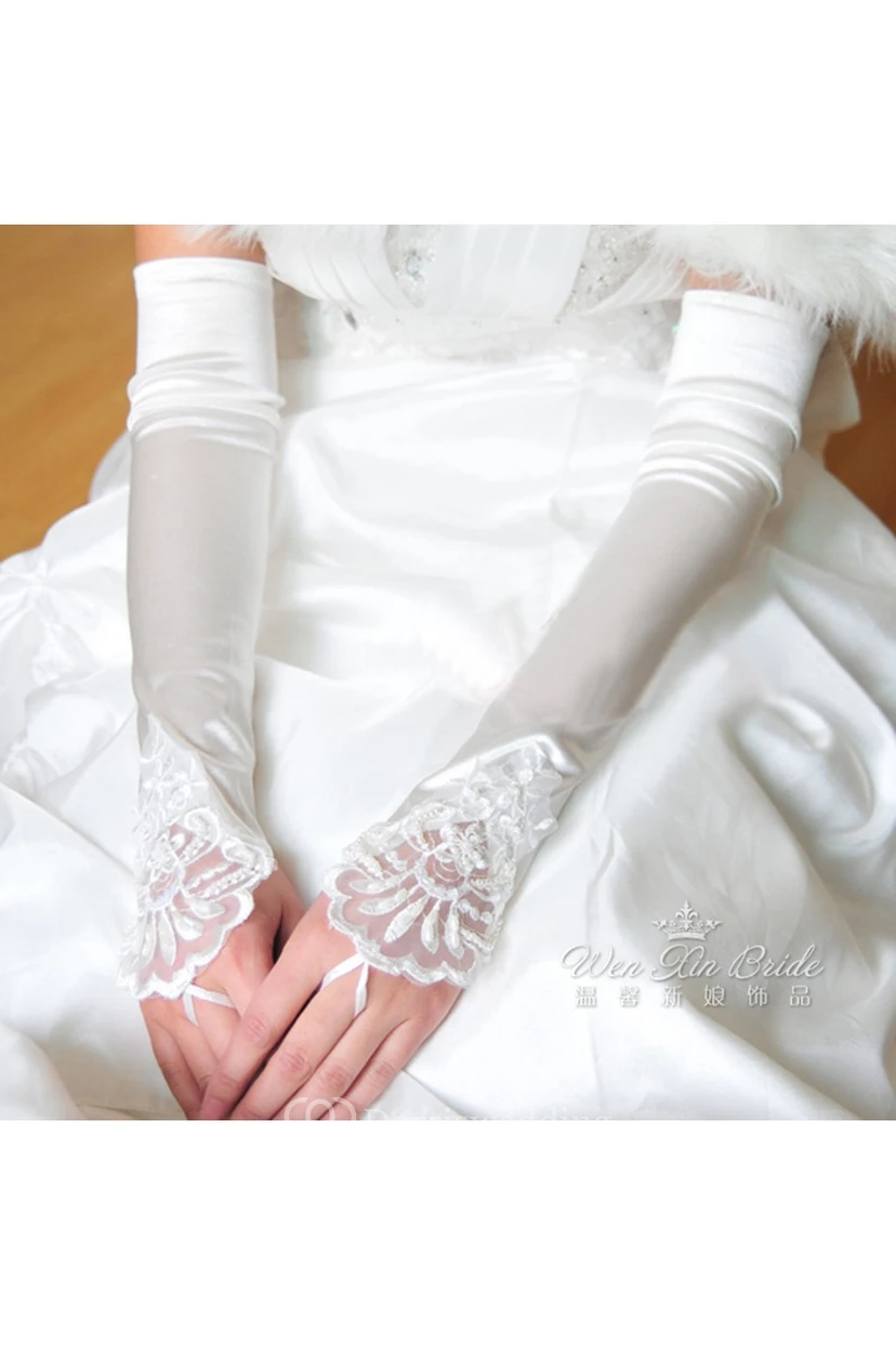 Plus lange weiße perlenbesetzte Satin-Haken-Elastik-Satin-Handschuhe view 2