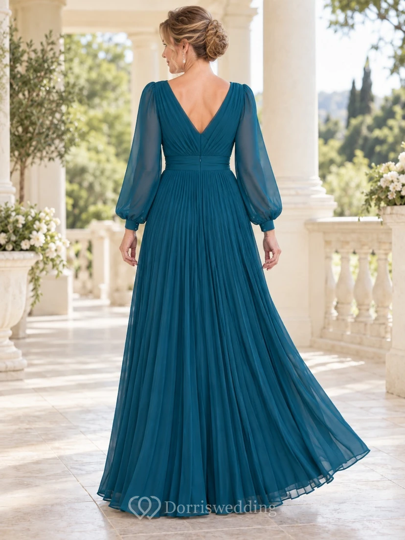 Teal Formal Floor-Length V-Neck Bishop-Sleeve Chiffon Pleated A-Line Evening Gown view 2