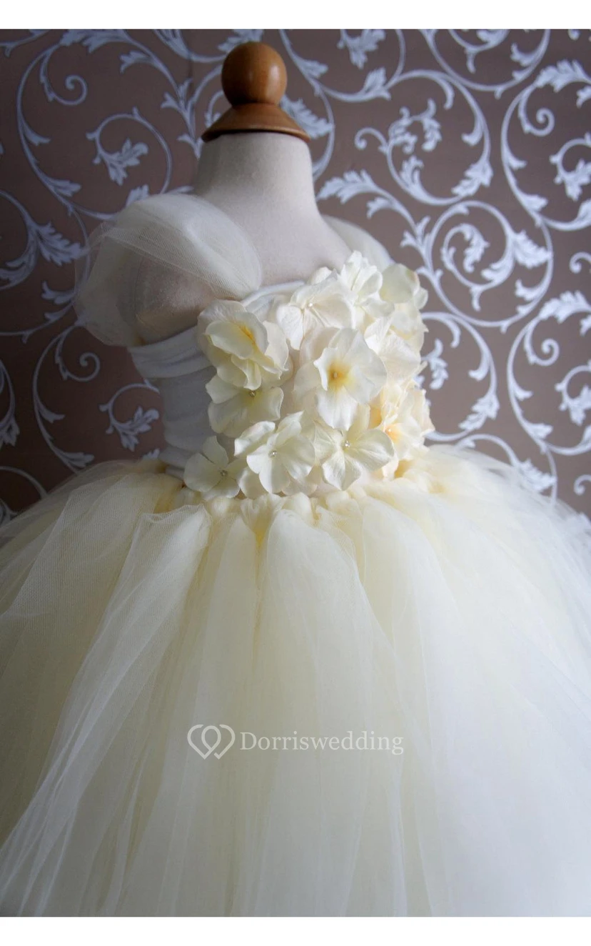 Cap Sleeve Floral Top Tiered Tulle Ball Gown view 2