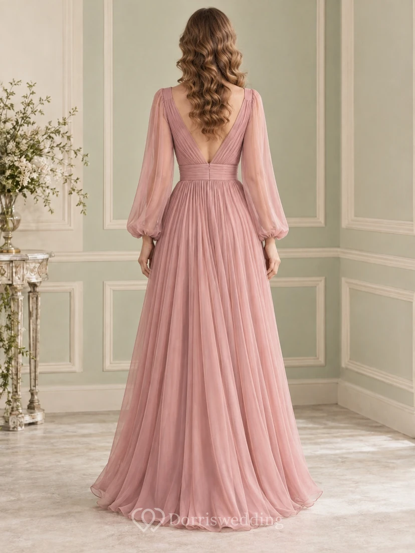 1970s Long Sleeve Dusty Rose V-neck Chiffon Long Prom Dress view 2