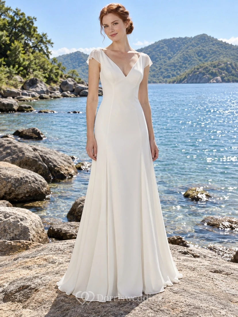 Vestido de novia sencillo de gasa con escote en V, mangas cortas y espalda descubierta.