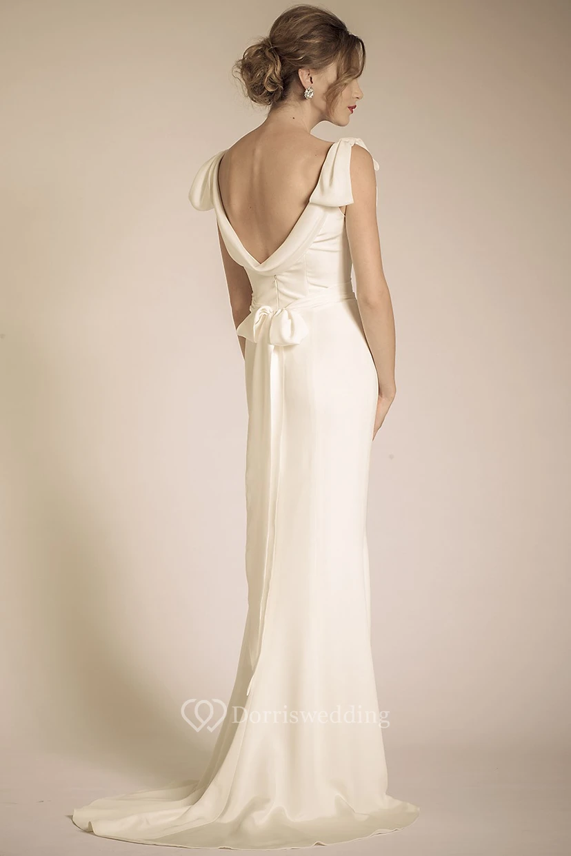 Long Cowl Bowed Chiffon Wedding Dress With Sweep Train And V Back view 2