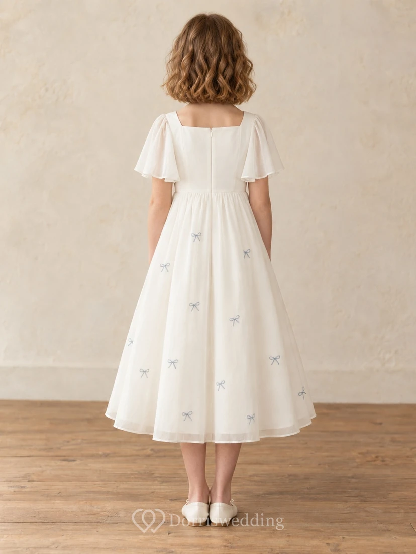 Modest Square Neck Ivory Tea-length Draped Flutter Sleeve Blue Bow Motif Flower Girl Dress view 2