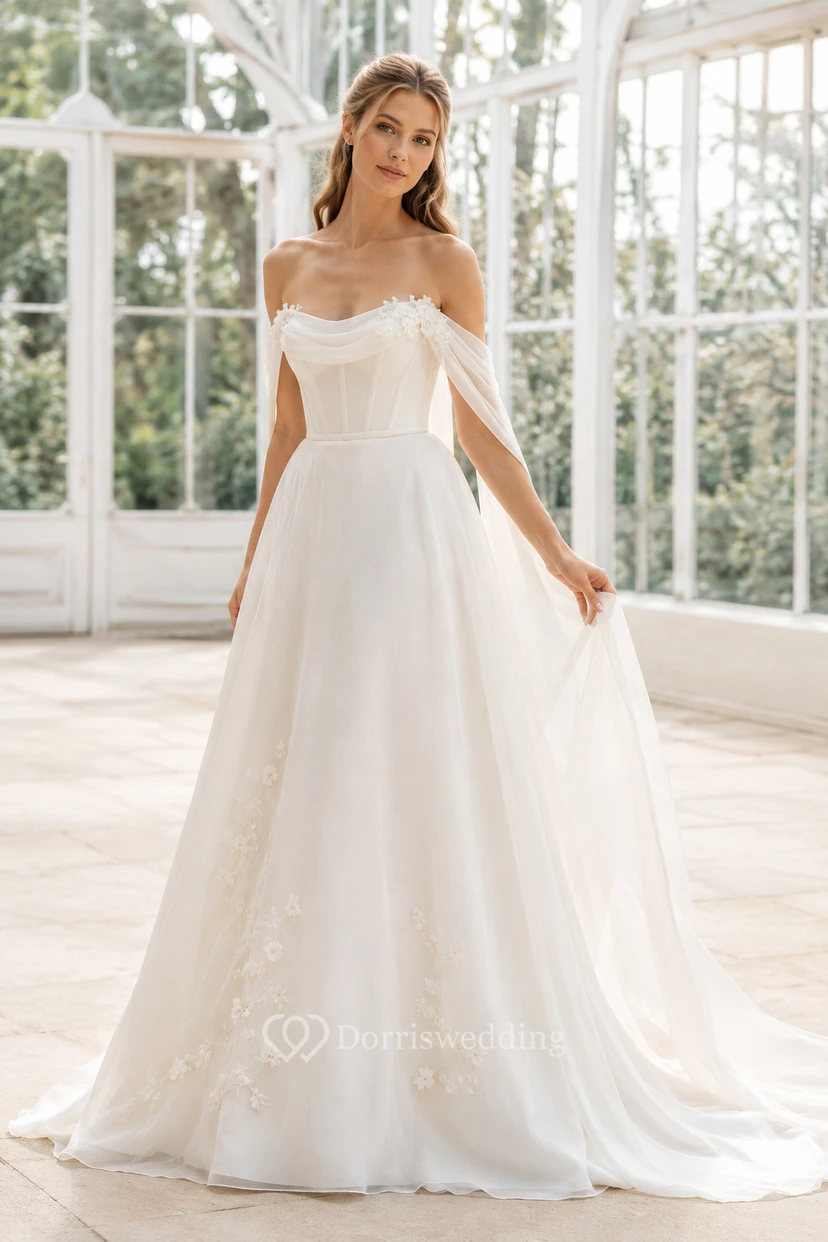 Robe de mariée trapèze en organza ivoire à épaules dénudées
