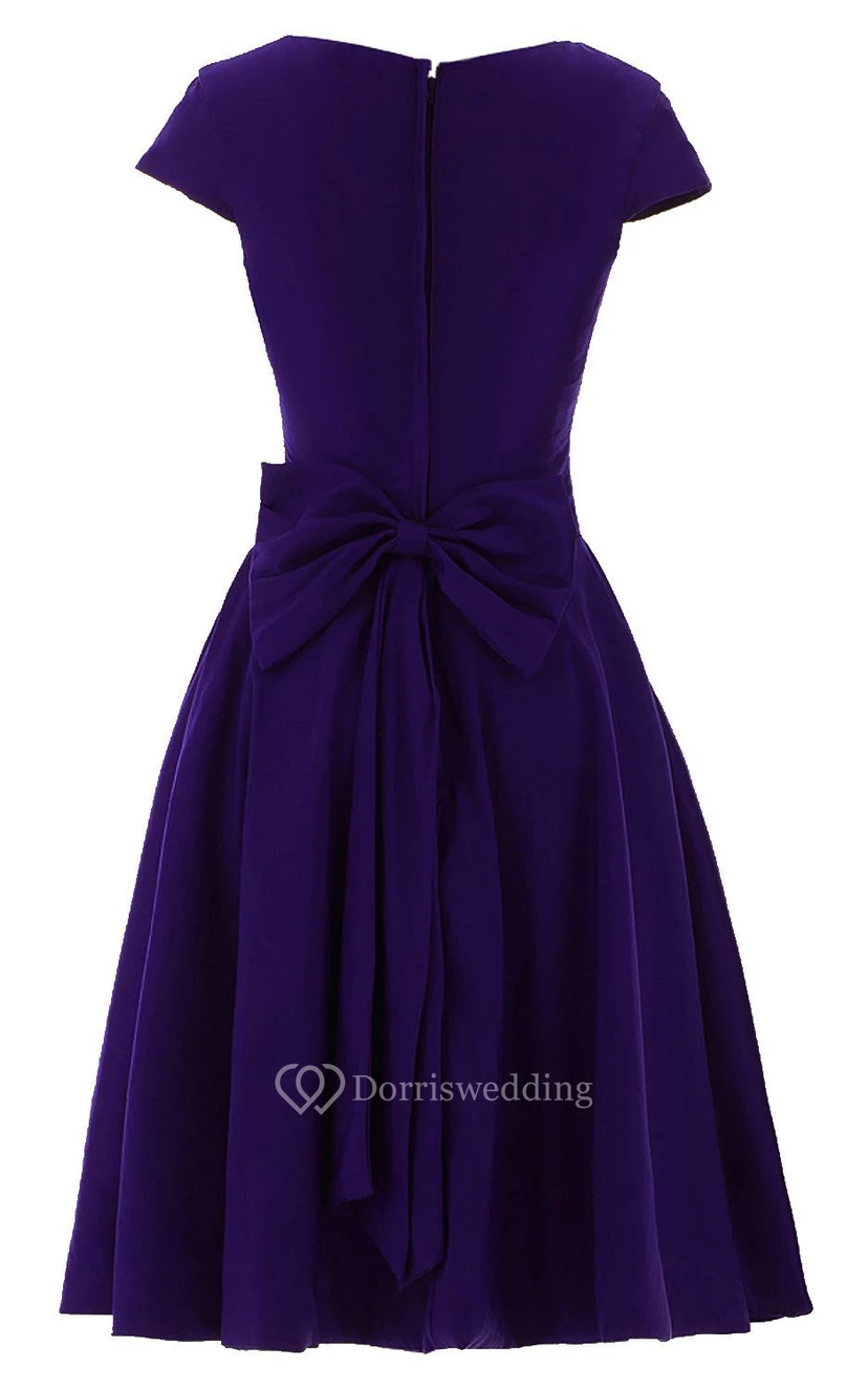 Short Sleeve Ruched Sash Midi-length Pleated Chiffon Dress view 8