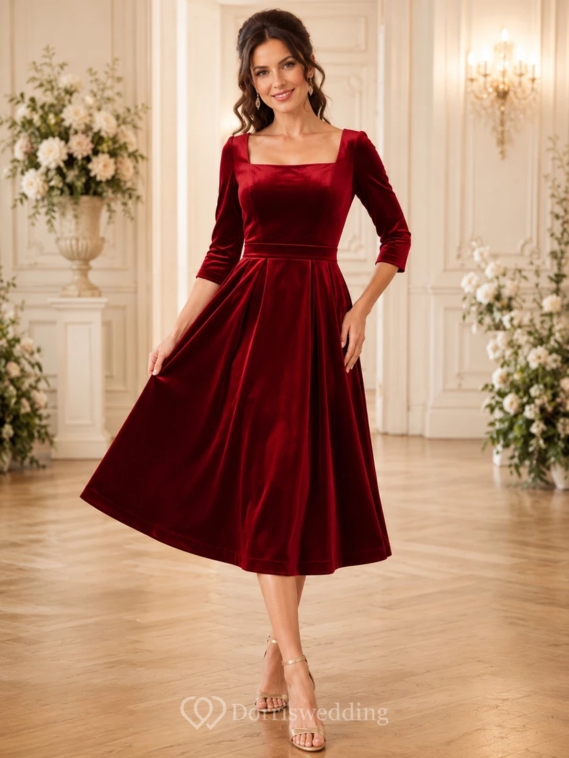 Robe midi trapèze en velours rouge à col carré et manches courtes