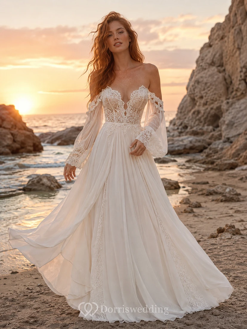 Boho Off Shoulder Bell Sleeve A-Line Wedding Dress For Beach