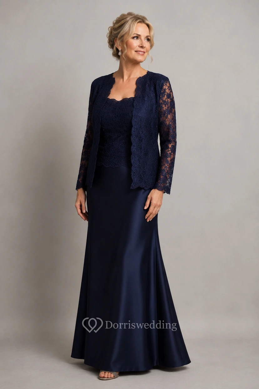 Robe de mère de la mariée violette en dentelle, manches longues, longueur au sol, avec veste view 3