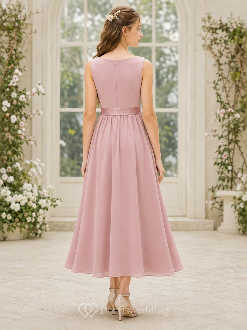 Vestido de dama de honor juvenil rosa empolvado, corte en A, sin mangas, estilo romántico. view 2