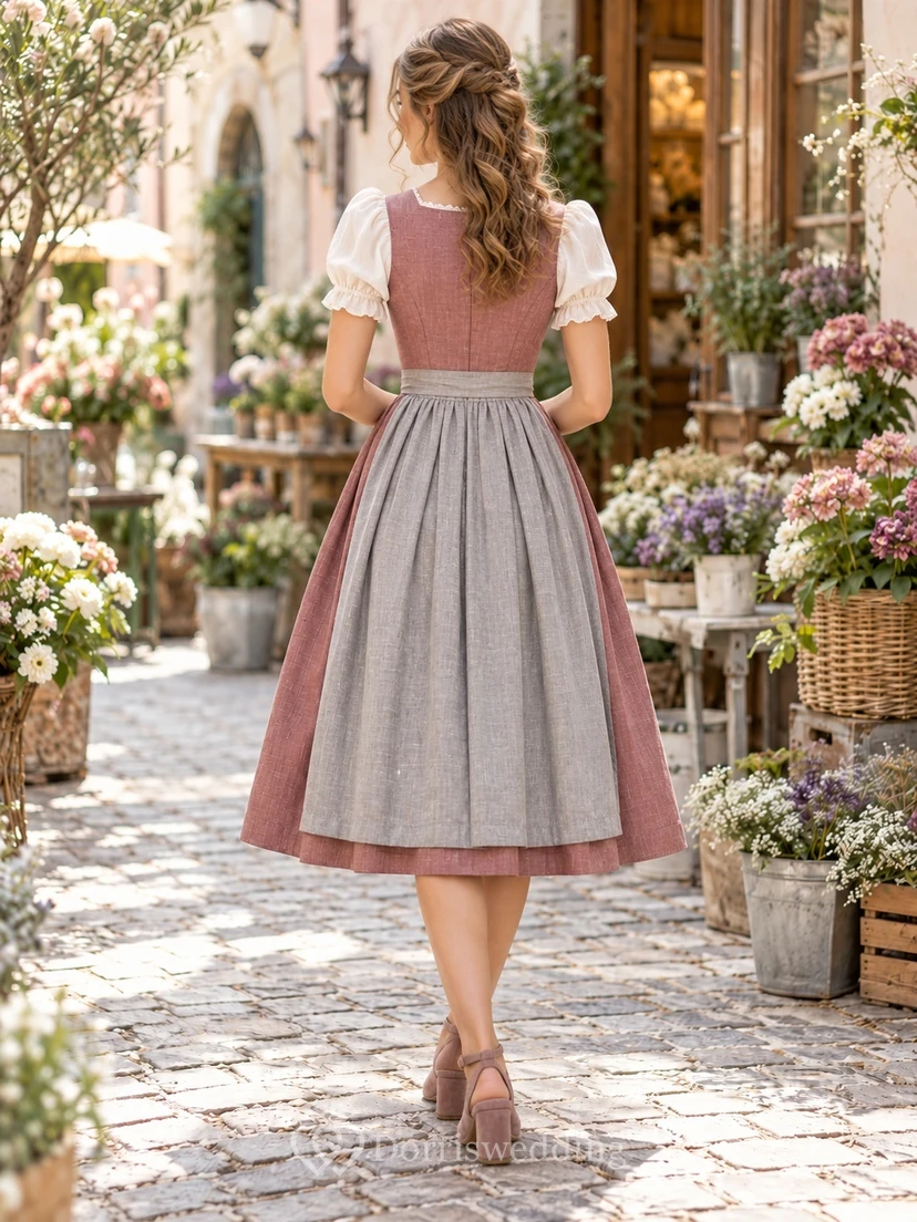 Robe Dirndl midi vintage rose poudré à col carré et laçage, tablier view 2