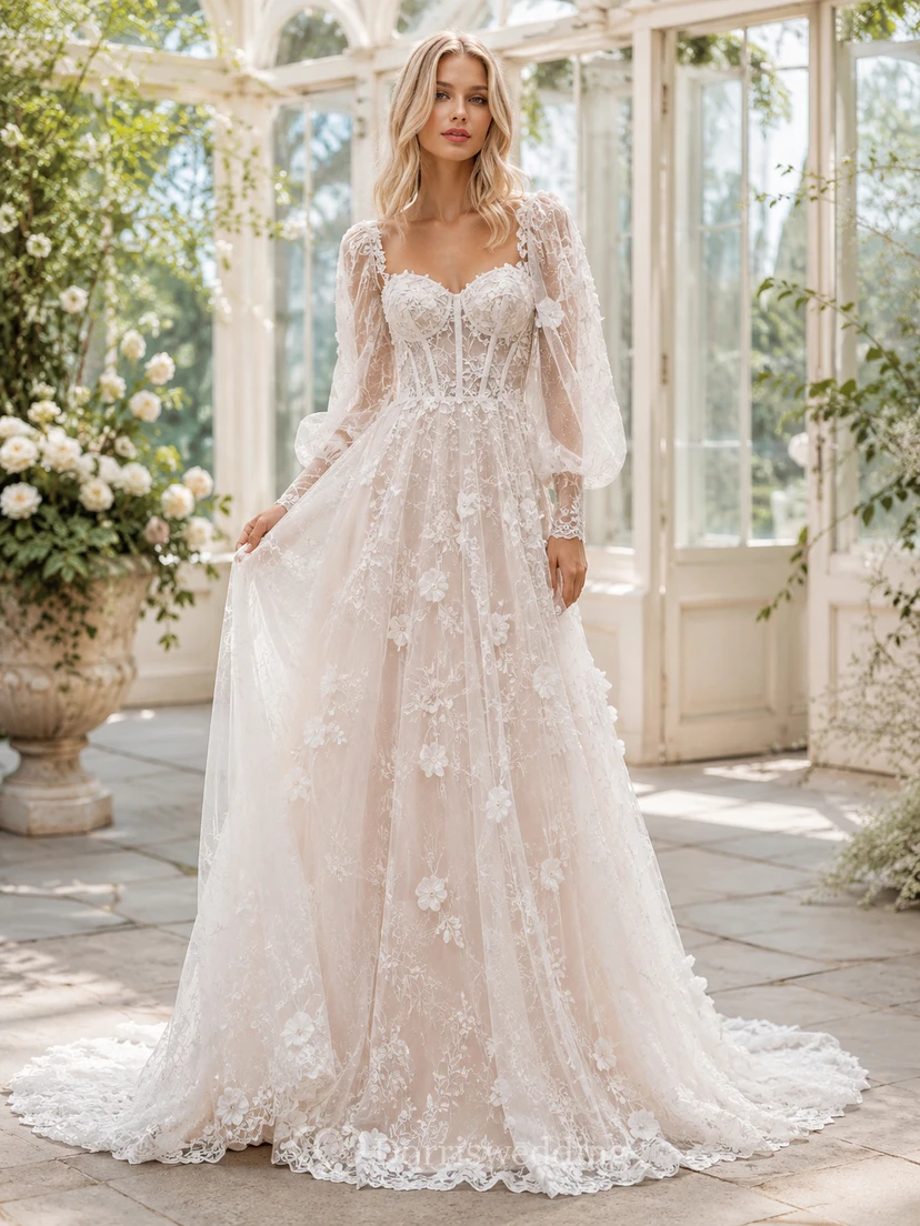 Robe de mariée trapèze en dentelle florale à col en V, manches cloche et traîne chapelle