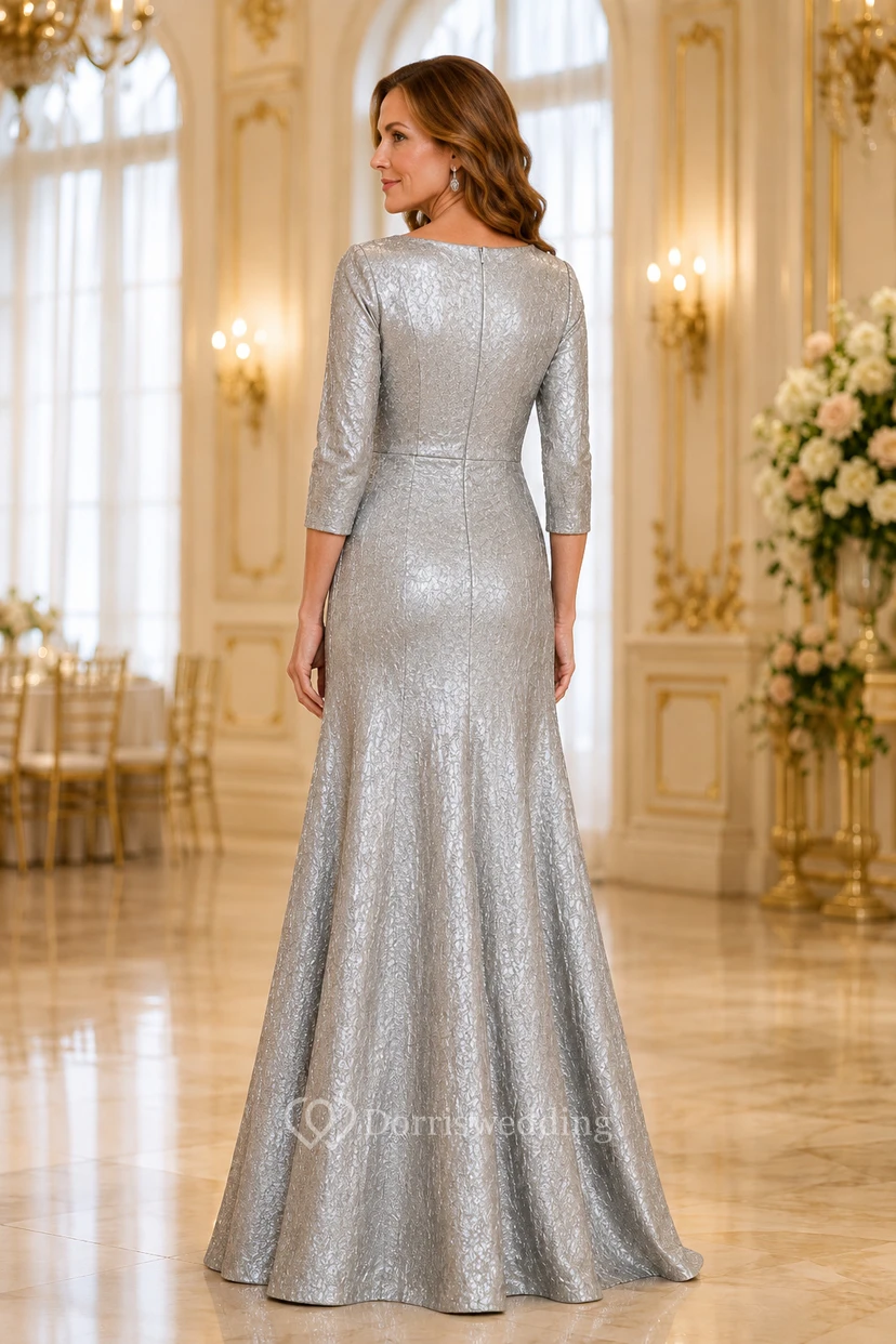 MOB-Kleid, silberfarben, Pailletten, Stretch-Satin, Meerjungfrauen-Stil, 3/4-Ärmel, U-Boot-Ausschnitt, bodenlang, gerafft view 2