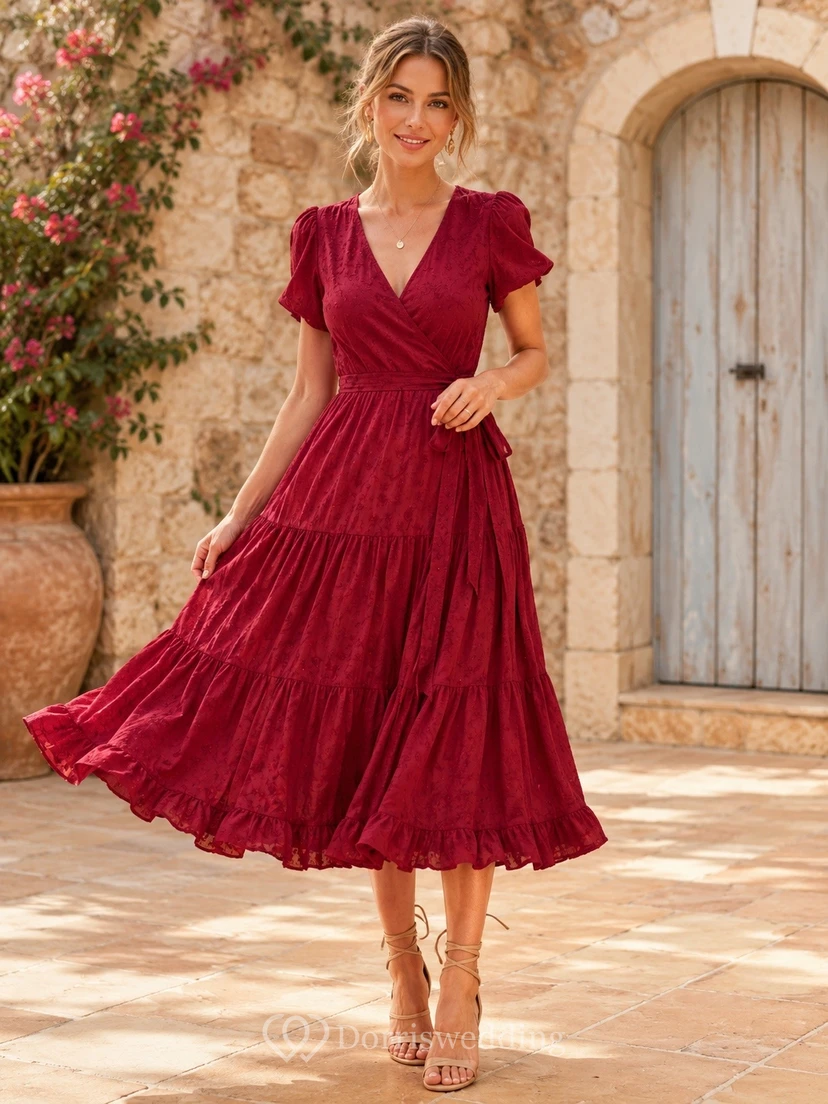 Vestido rojo de corte A con escote en V y mangas con volantes, largo hasta la rodilla.