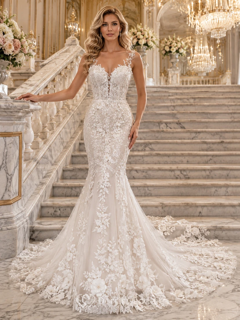 Vestido de novia de lujo para salón de baile con cola y apliques florales de sirena