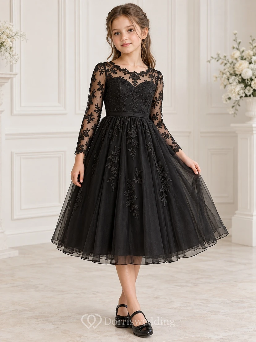 Black Long Sleeve Illusion Neck Floral Lace Tulle Tea Length Flowergirl Dress