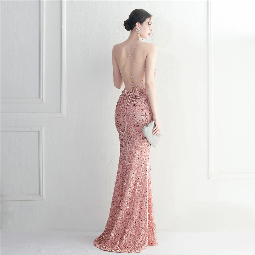 Vestido largo de noche con cola de pez, estilo europeo y americano, con lentejuelas y parte inferior de terciopelo. view 4