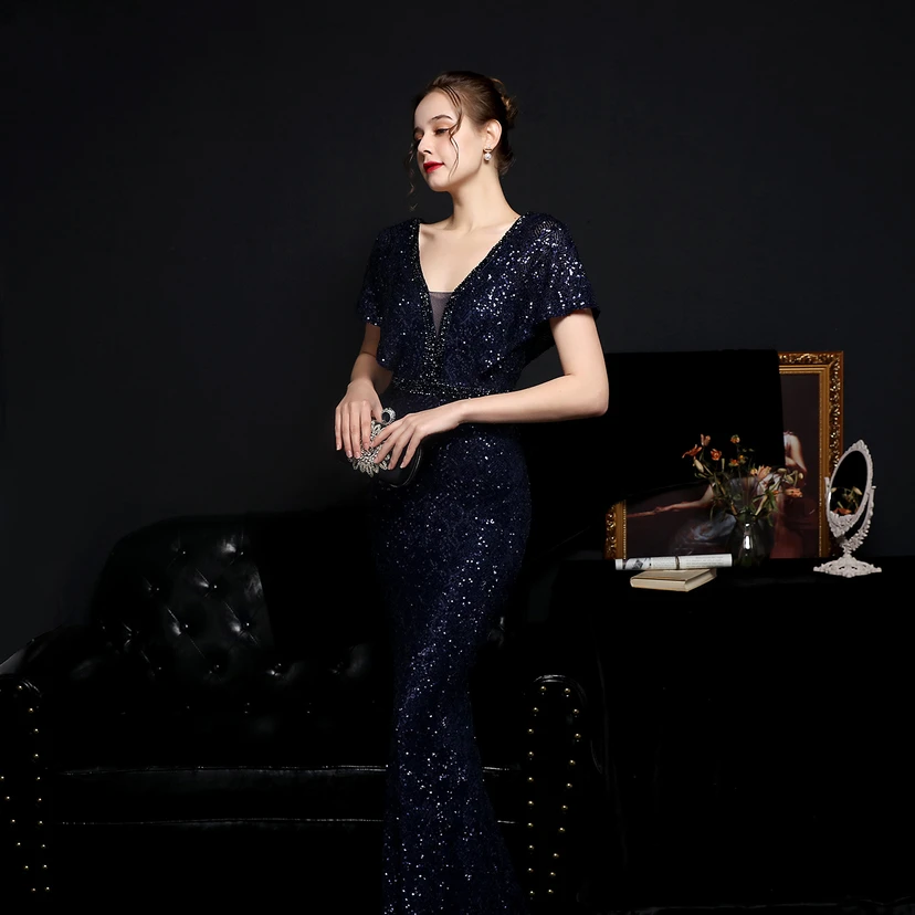 Vestido de noche elegante de otoño con cola de pez, lentejuelas a cuadros, ideal para banquetes. view 45