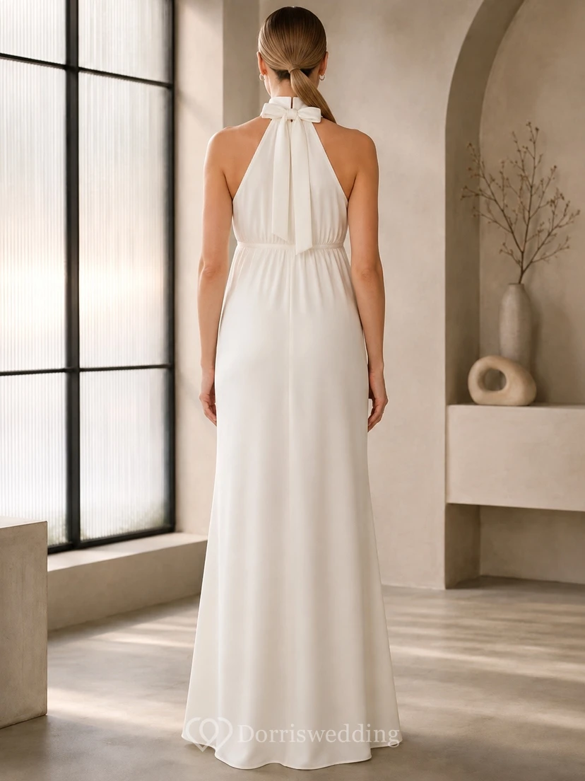 Maternity Civil-Ceremony Satin Halter-Neck Sleeveless Empire A-Line Floor-length Wedding-Gown view 2
