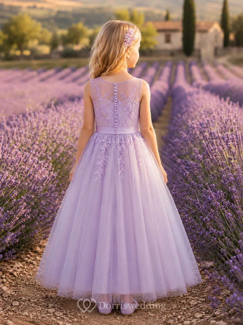Blumenmädchenkleid aus lavendelfarbener Spitze und Tüll, A-Linie, Rundhalsausschnitt, Teelänge view 2