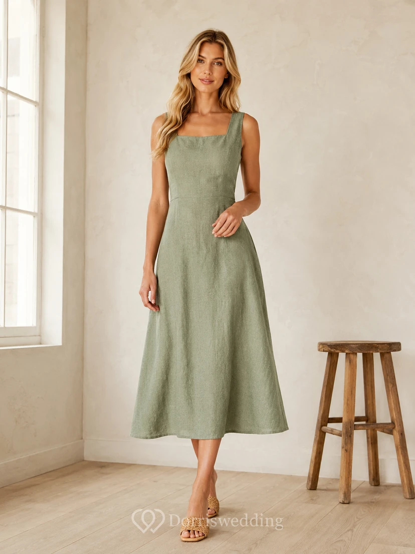 Celadonfarbenes, eckiges Trägerkleid aus Baumwolle mit Ziernähten, lässiges A-Linien-Kleid für den Teegarten