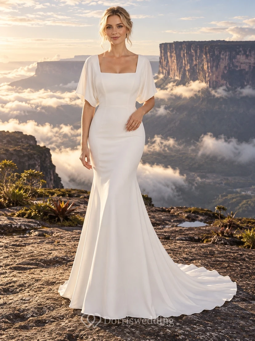 Vestido de novia de crepé estilo sirena con escote cuadrado, mangas tres cuartos sueltas y corpiño ajustado.