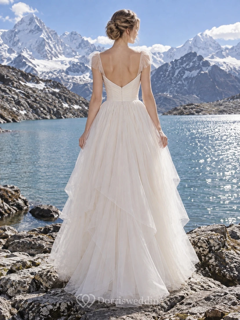 Simple Sweetheart Illusion Cap Sleeve Asymmetric Tiered Tulle Wedding Dress view 2
