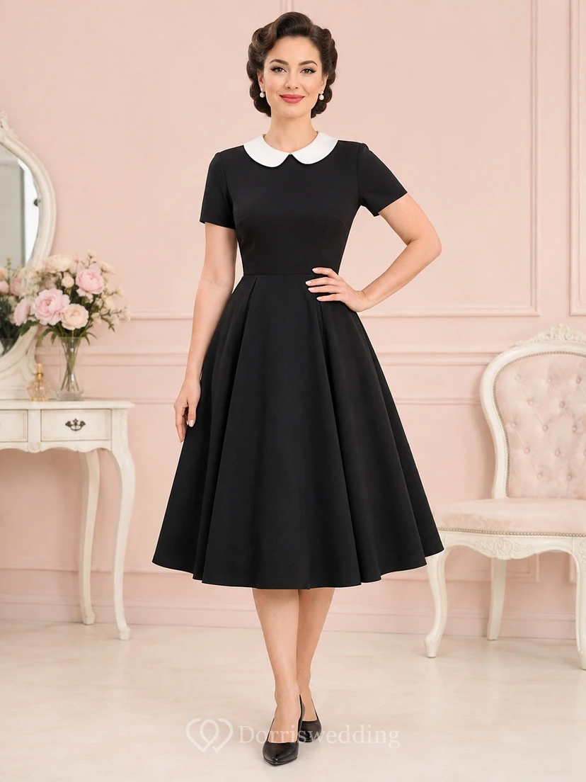 Vintage Black Jewel Neck Short Sleeve Contrast Collar A-Line Tea-Length 1950s Dress