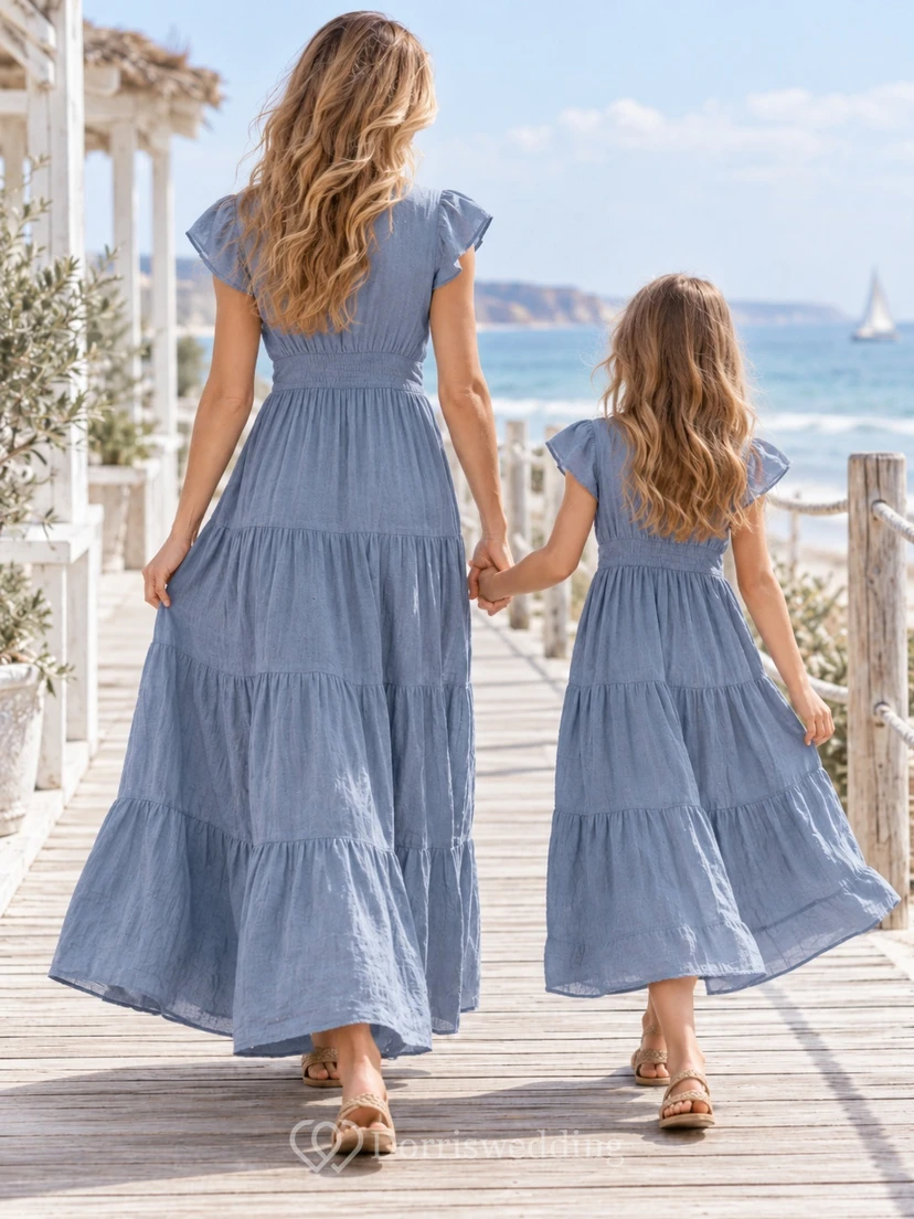 Robe assortie pour toute la famille, bleu acier, col en V, manches papillon et volants view 2