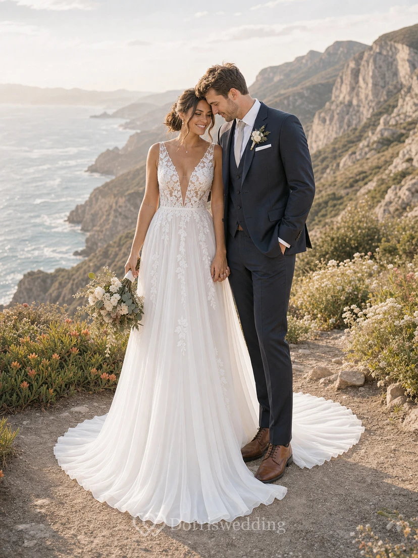 Sexy Boho-Brautkleid im Landhausstil mit V-Ausschnitt, ärmellos, A-Linie, Empire-Schnitt und Illusion-Schnitt aus Tüll – weiß view 3