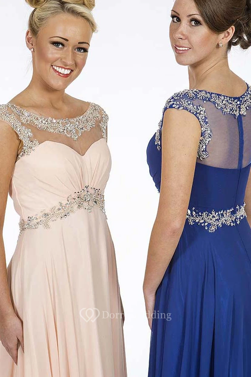 A-Line Empire Scoop Floor-Length Cap-Sleeve Beaded Chiffon Prom Dress With Waist Jewellery And Ruching view 5