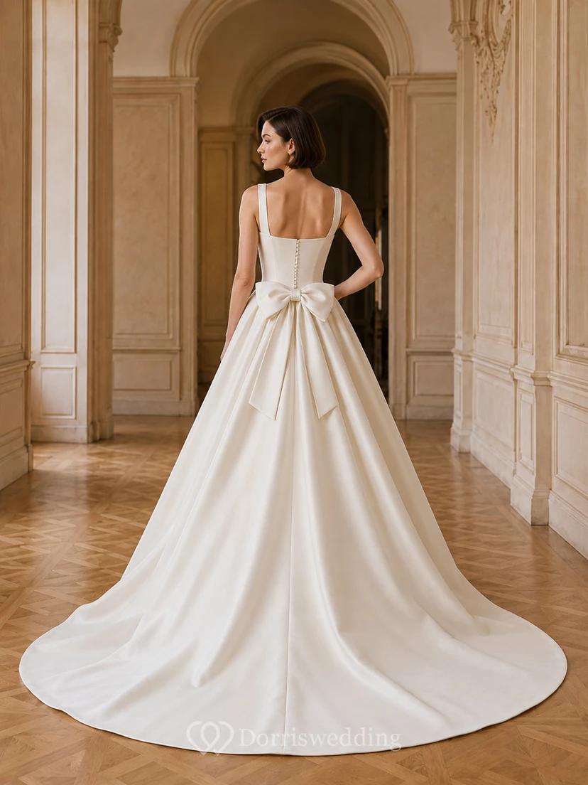 Robe de bal élégante en satin, col carré, sans manches, traîne chapelle, dos nu, robe de mariée Gallery view 2