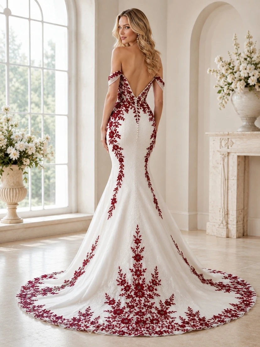 Rotes, schulterfreies, ärmelloses Brautkleid aus Satin mit Meerjungfrauenschnitt und Schleppe, verziert mit floralen Applikationen view 2