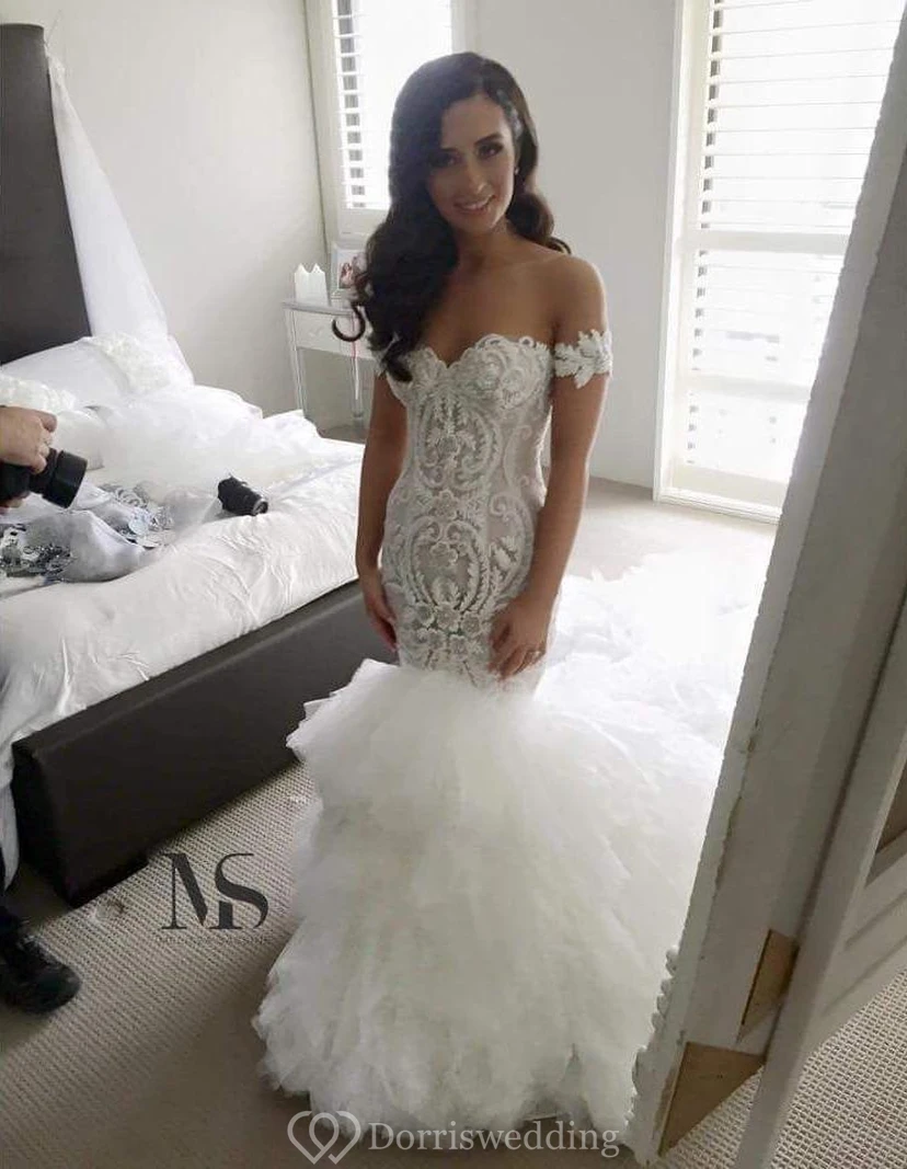 Sexy Off-the-shoulder Mermaid Wedding Dress Long Train With Ruffles