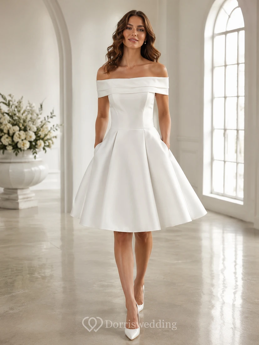 Vintage Off Shoulder Cap Sleeve Satin Fit And Flare Knee Length Wedding Dress