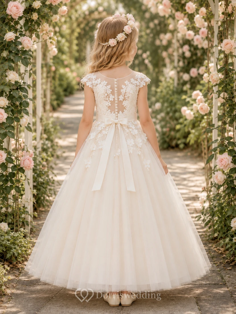 Blumenmädchenkleid aus elfenbeinfarbener Spitze und Tüll, A-Linie, kurze Ärmel, Rundhalsausschnitt, Teelänge, Schleife am Rücken view 2