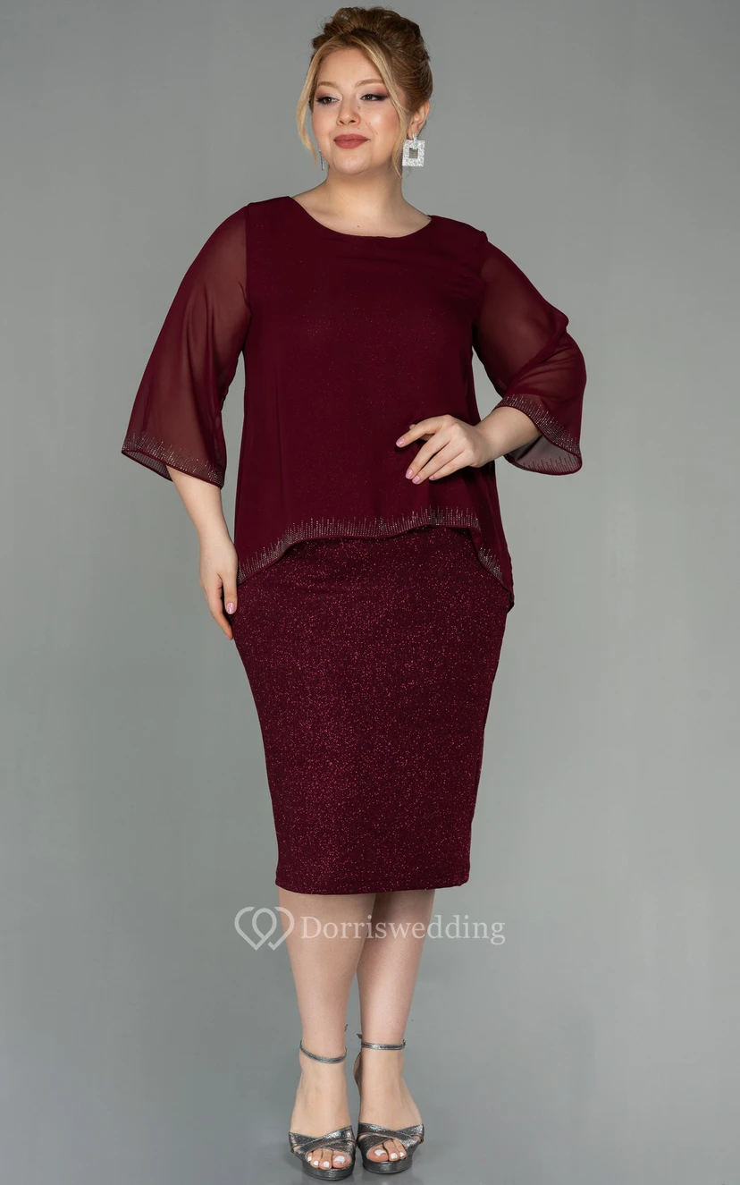 Bateau-neck Long Sleeve Pencil Knee-length Sequin Plus Size Mother of Bride Dress view 3