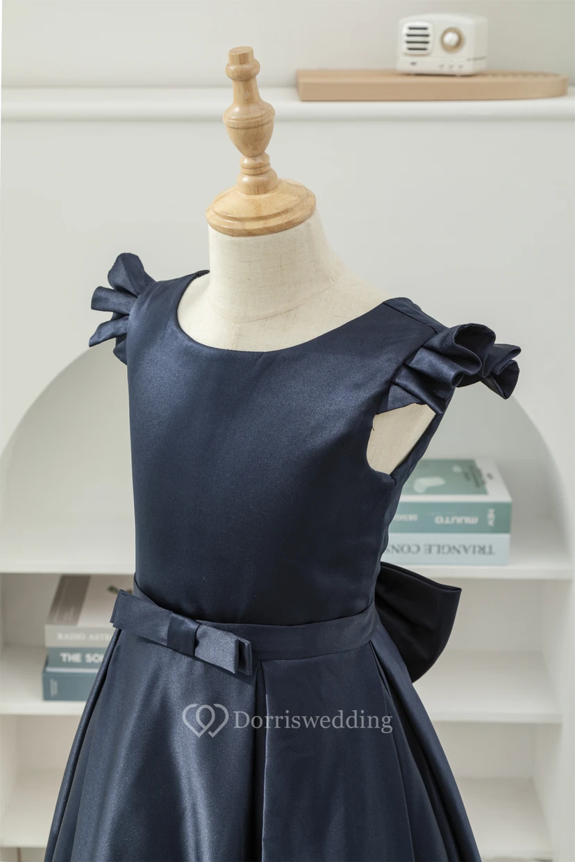 Satin Solid Cap Scoop-neck A-line Floor-length Flowergirl Dress with Low-v Back view 4